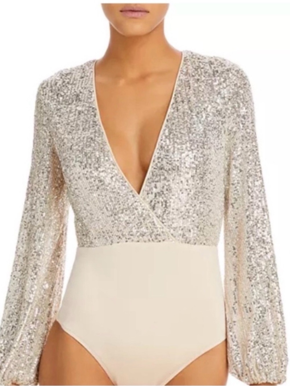 Bardot Anthropologie Sequined Deep V-Neck Long Sleeve Bodysuit in Silver